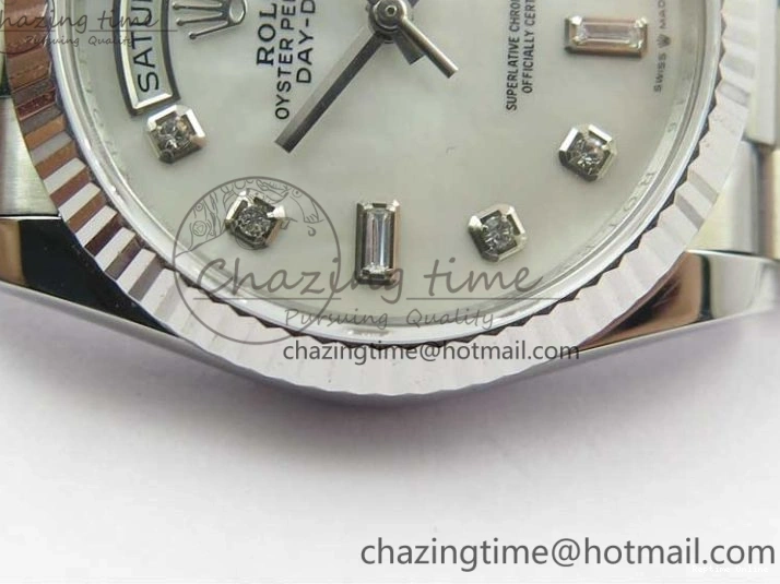 0521 Day-Date 36 SS 128239 Bp Maker Best Edition White MOP Dial Crystral Markers on President Bracelet FlexibleFit 3153